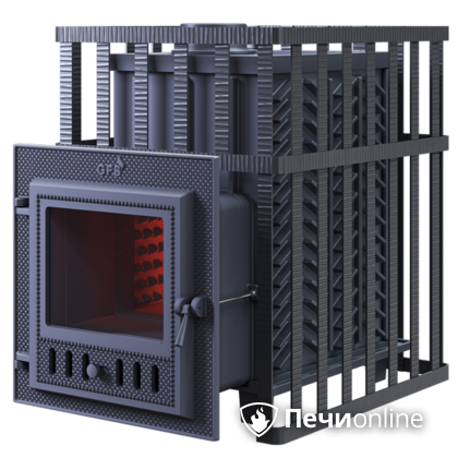 Дровяная банная печь Гефест ЗК в сетке-18 (М) чугунная дверца со стеклом, запатентованная каменка сетка в Звенигороде